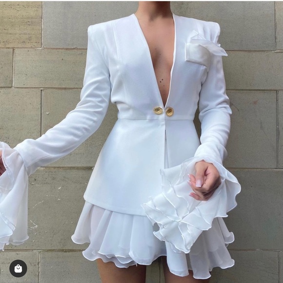 Dresses & Skirts - Chiffon ruffle blazer skirt suit White